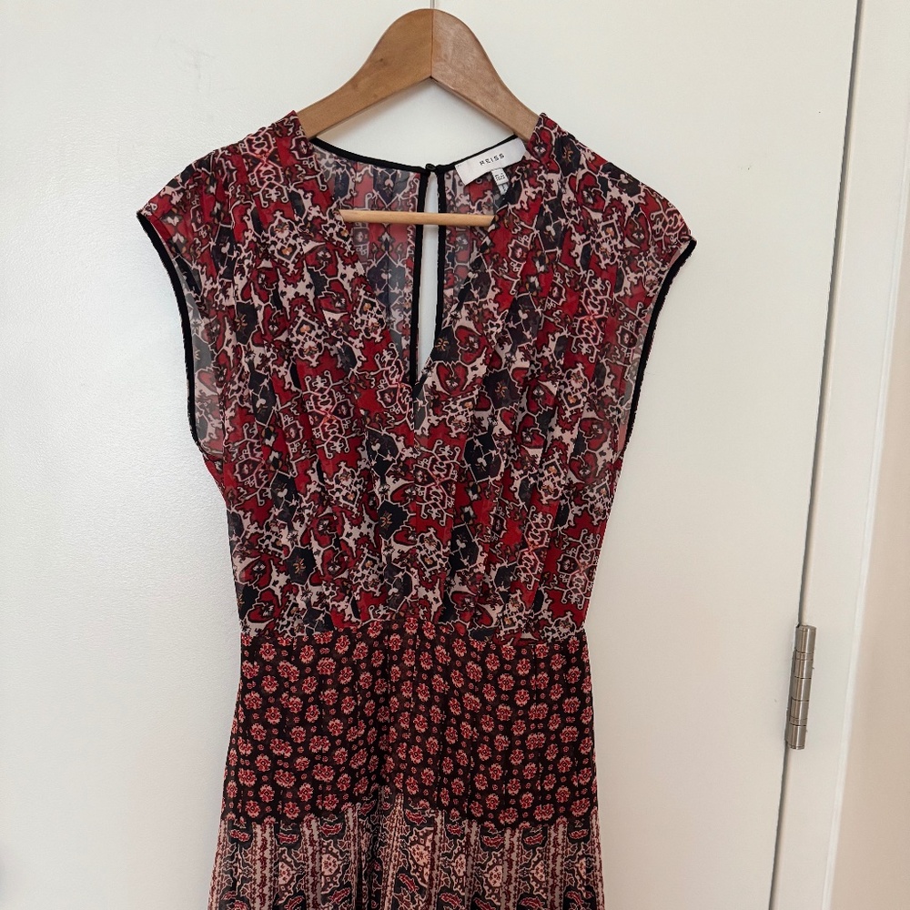 Reiss Red, Black and Cream Mixed Print Mini Dress